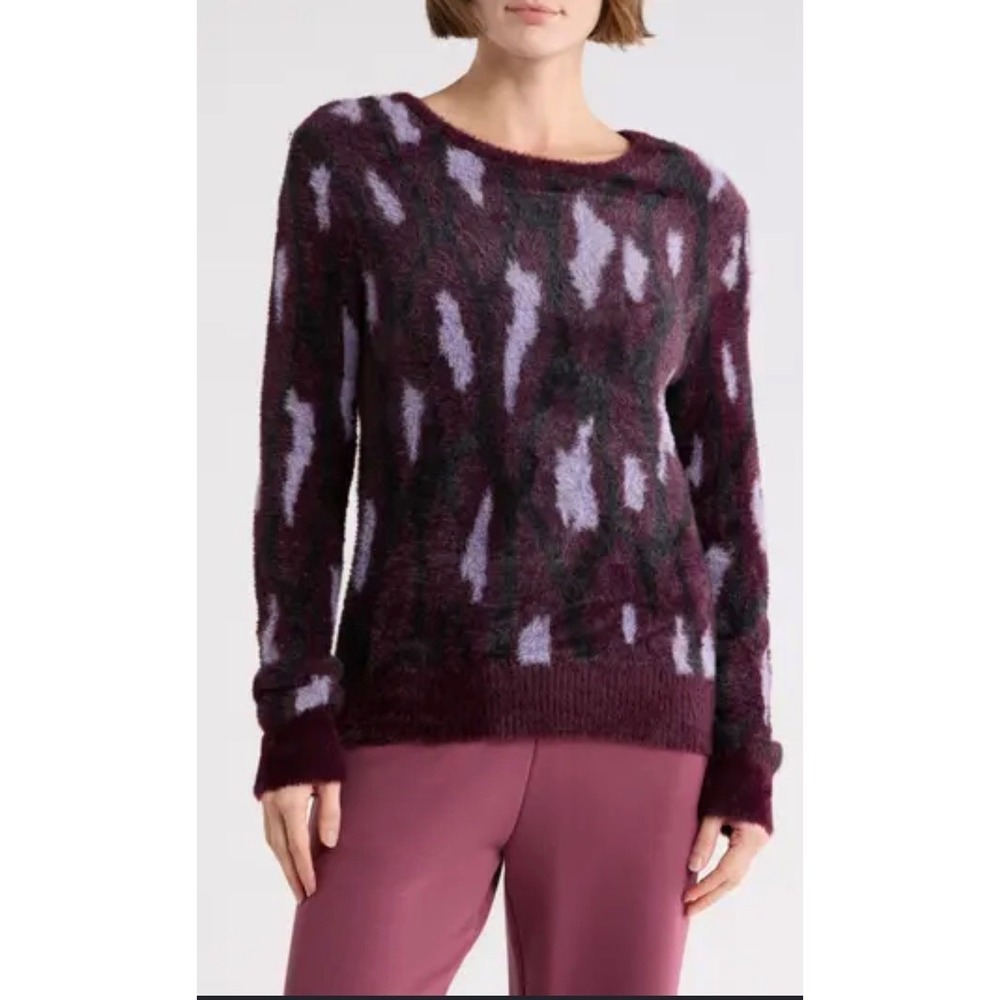 T Tahari Bateau Sweater Womens Purple Excellent‎ Eyelash Knit Abstract Pullover